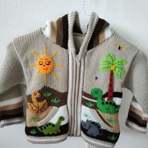 Kids Size 3/4 Handmade Felt Dinosaur Zip-up Sweater